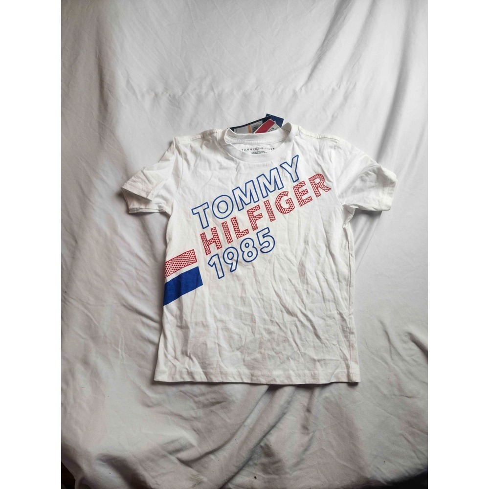 Tommy Hilfiger 1985 Slant Graphic Tee Shirt Boys Size 7 White Short Sleeves NWT